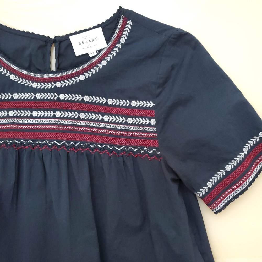 Sezane by Morgane Sezalory Embroidered Boho Navy Cotton Top - Picture 9 of 16